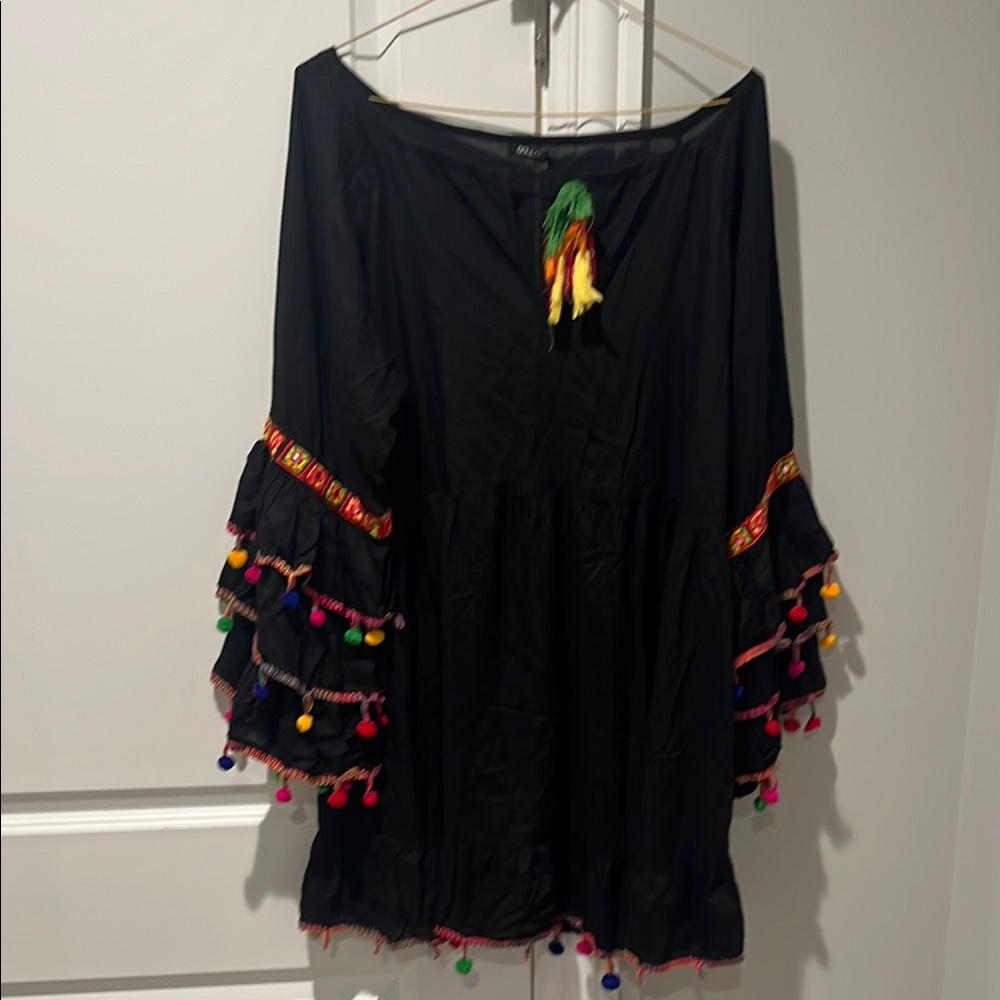 Boohoo Black Blouse with Colorful Pom-Poms